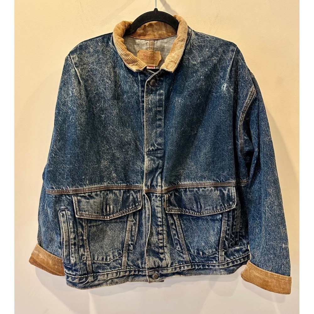 Levis Mens Blue Acid Wash Boxy Denim Jacket M 75073 Corduroy Collar Sleeves VTG